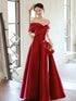 A-line Wine Red Satin Floor Length Party Dress, Wine Red Off Shoulder Prom Dress